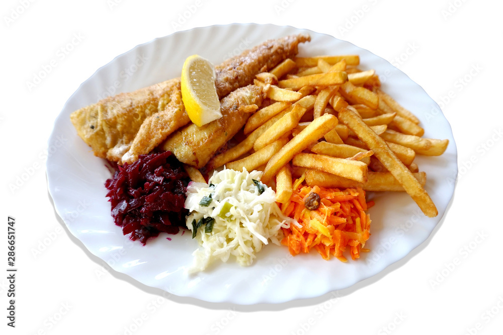 Fried fish - zander/ sander/ pikeperch, salad and french fries on plate Fried fish - zander/ sander/ pikeperch, salad and french fries on plate