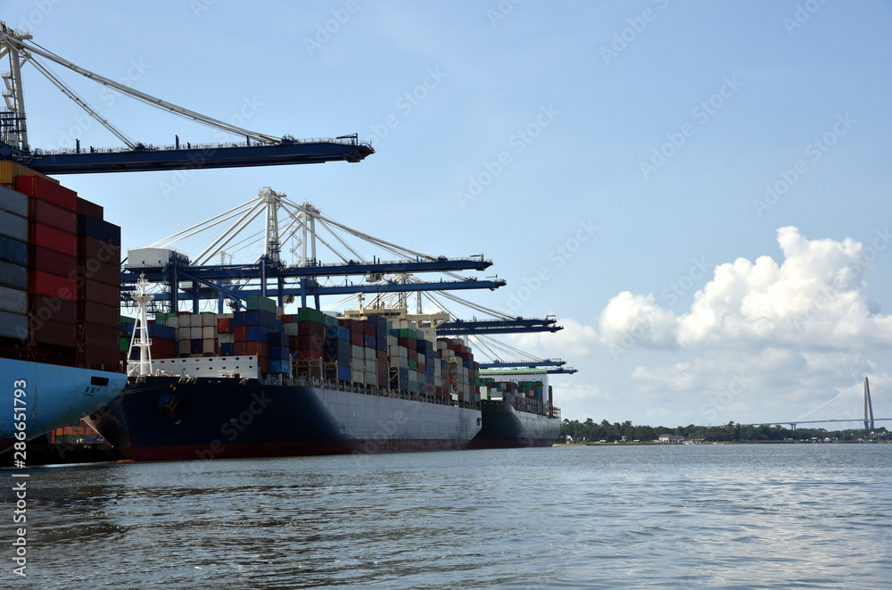Cargo container ship during cargo operations in the port of Charleston
