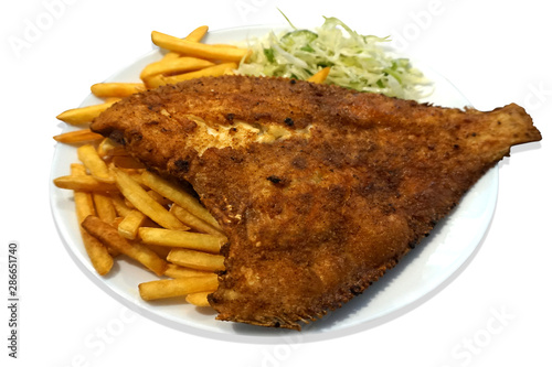 Obraz na plátne Fried fish - flounder, salad and french fries on plate