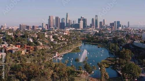 Los angeles city skyline with palm. Aerial view above the city park