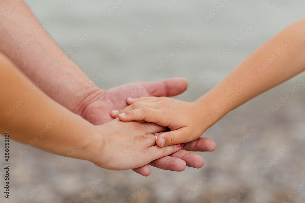 Family concept.Three hands of the family on the tree bark - baby, mother and father. Unity, support, protection and happiness Family concept.Three hands of the family on the tree bark - baby, mother and father. Unity, support, protection and happiness