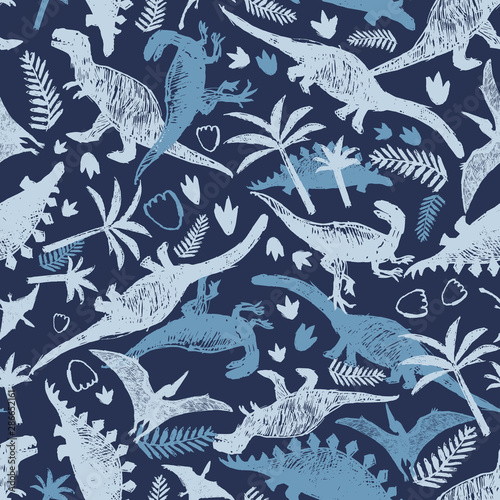 Fototapeta Naklejka Na Ścianę i Meble -  Vector blue dinosaur sketch repeat pattern with chaotic arrangement. Perfect for textile, giftwrap and wallpaper.