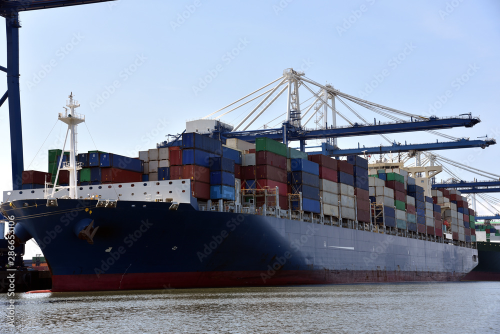 Obraz premium Cargo container ship during cargo operations in the port of Charleston, South Carolina.