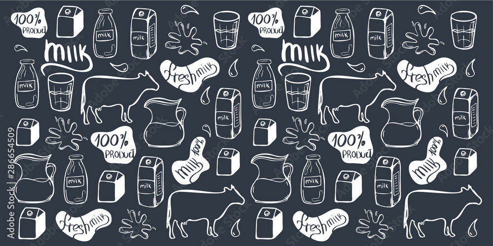 Milk background. Hand draw milk icon set. 