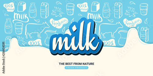 Milk banner with hand draw doodle background. 