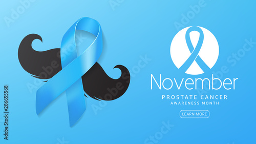 Prostate cancer awareness month banner. Vector illustration with satin ribbon and moustache on blue background. Men healthcare concept.
