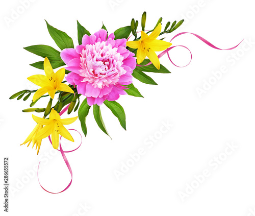 Pink peony flower with yell...