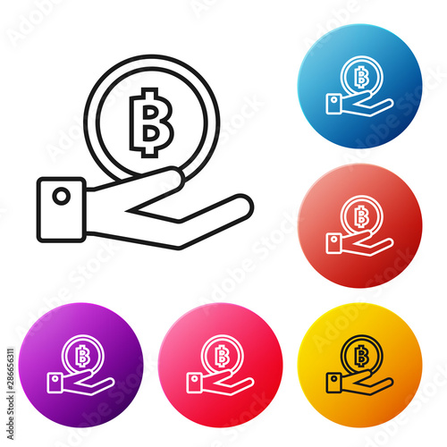 Black line Hand holding Bitcoin icon on white background. Blockchain technology, digital money market, cryptocoin wallet. Set icons colorful circle buttons. Vector Illustration