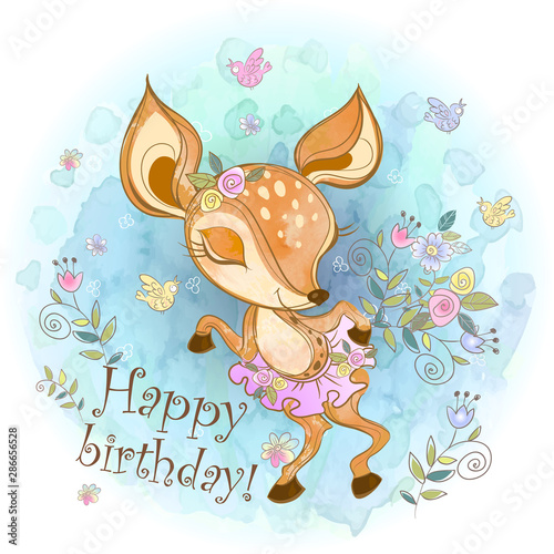 Birthday card with a cute fawn in a skirt. Vector.
