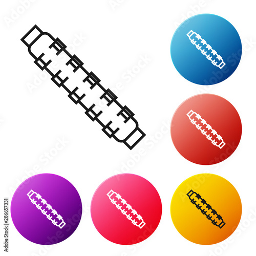 Black line Hunting cartridge belt with cartridges icon isolated on white background. Bandolier sign. Hunter equipment, armament. Set icons colorful circle buttons. Vector Illustration
