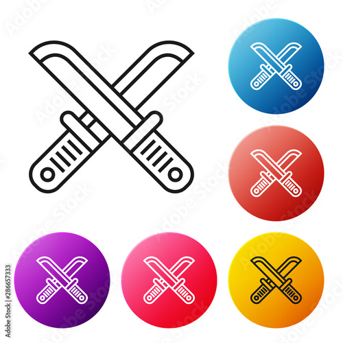 Black line Crossed hunter knife icon isolated on white background. Army knife. Set icons colorful circle buttons. Vector Illustration