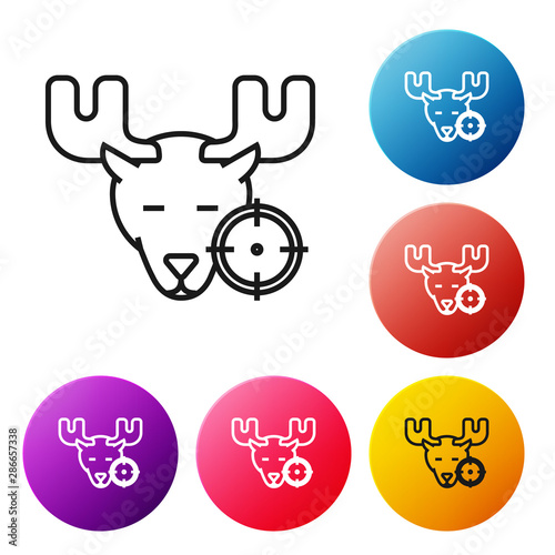 Black line Hunt on moose with crosshairs icon isolated on white background. Hunting club logo with moose and target. Rifle lens aiming a moose. Set icons colorful circle buttons. Vector Illustration