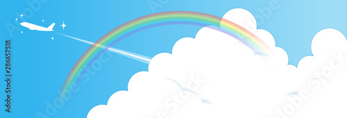 夏の青空と入道雲と虹と飛行機（きらきら付き）