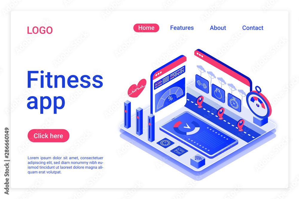 Fitness app isometric landing page template. Healthy lifestyle mobile ...
