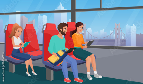 People reading in bus flat vector illustration. Megapolis inhabitants commuting to work in public transport. Cartoon man, women using e-reader, enjoying reading books, news, searching net