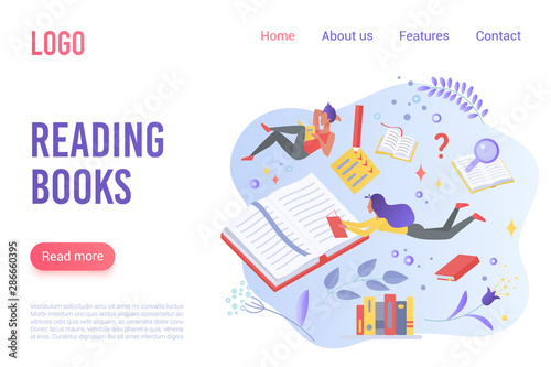 Reading books flat vector landing page template. Cartoon readers immersed in fantasy world metaphor. Learning  knowledge acquisition idea. Bookshop promotional website page design layout