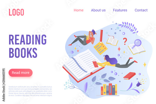 Reading books flat vector landing page template. Cartoon readers immersed in fantasy world metaphor. Learning, knowledge acquisition idea. Bookshop promotional website page design layout