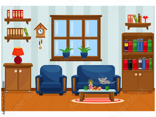 Vector illustration with sofa, bookcase, window and lamp. The interior of the living room.