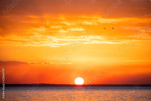 Fototapeta Naklejka Na Ścianę i Meble -  Orange ball of sun at sunset from Fraser Island, Queensland, Australia