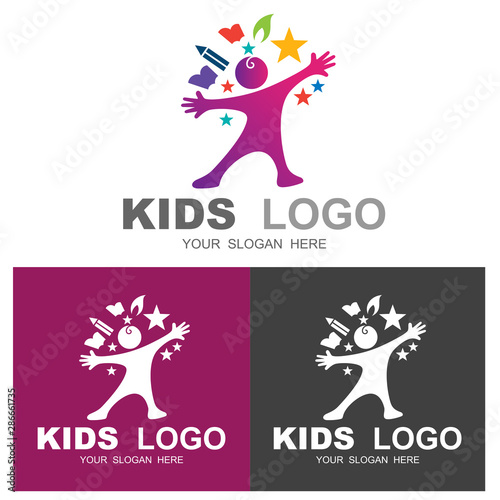 kids logo and fun, people connect logo, communication, family, social care, kids, sports, vector symbolic marks