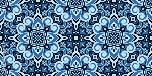 Azulejos ceramic tile design. Talavera tracery motif. Unique creative endless fill swatch. Portuguese, Spanish, Mexican, Brazilian folklore ornament. Ethnic style vector hand drawn seamless pattern.
