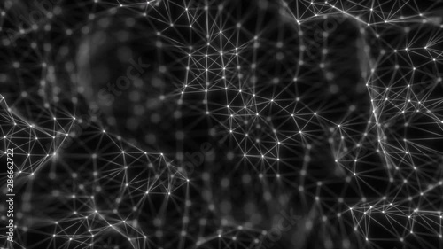 Animation of a black and white background intro including various grids appearing with minimal simple shapes at different scales. Dark background, rotating flickering white light mesh cloud of