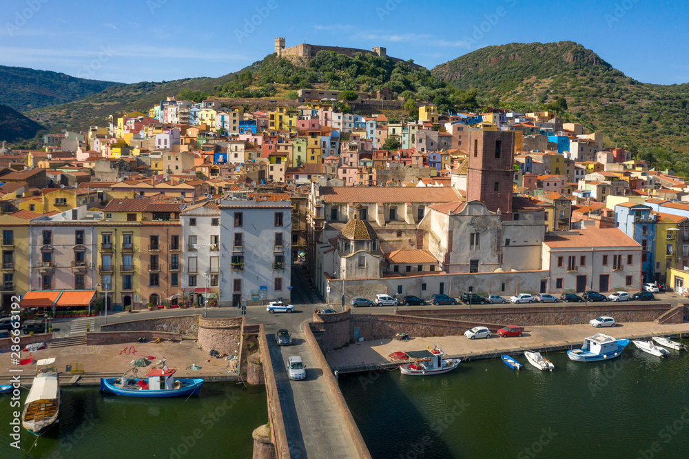 Medieval town of Bosa with colorful houses at hillside