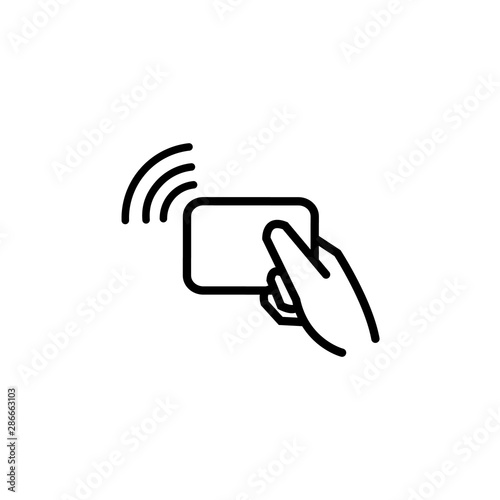 NFC touch payment vector outline icon, hand and cart.