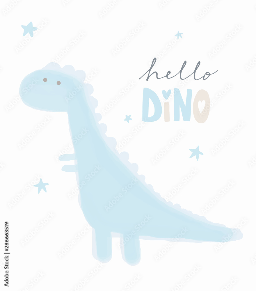 Hello Dino. Sweet Nursery Vector Art with Cute Hand Drawn Blue Dinosaur and Stars. Childish Style Illustration Ideal for Card, Wall Art, Invitation, Poster, Baby Room Decor.
