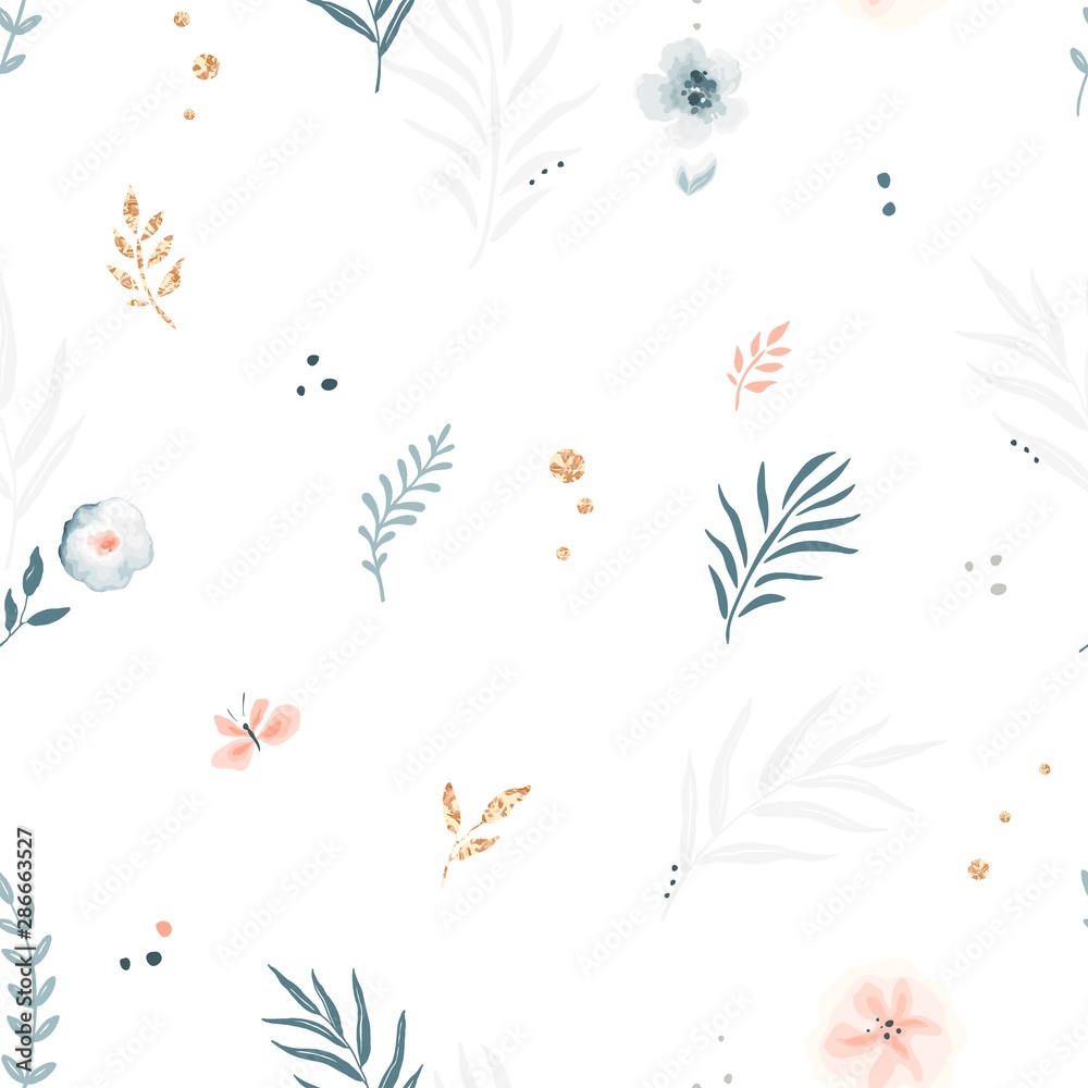 Abstract seamless pattern with floral elements gray, indigo and peach colors. Vector minimalistic illustration with red golden decors on white background.