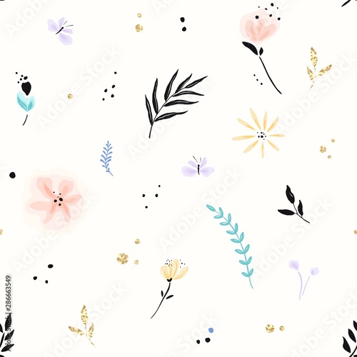 Floral pattern with abstract flowers  branches  butterflies and decors of golden texture. Vector seamless background in primitive minimalism style. Swatch in pastel and black colors.