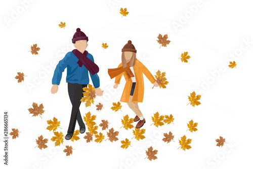 Kids playing outdoors autumn Vector. Happy fall lifestyle illustrations