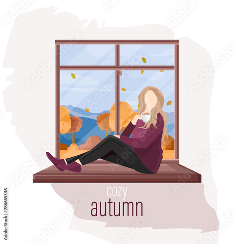 Woman at the window autumn Vector flat style. Fall season lifestyles