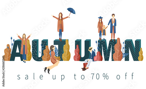 Sale banner happy people autumn Vector flat style. Fall seasonal discount bro...