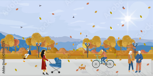 People in park autumn Vector flat style. Fall season poster. Urban lifestyle recreations