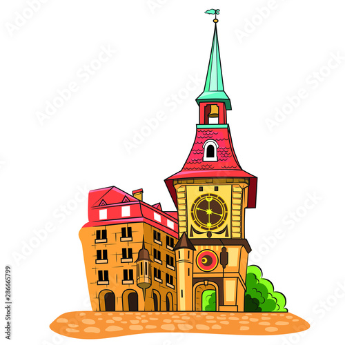 Vector sketch of the Zytglogge tower in the canton of Bern. Clock Tower Illustration
