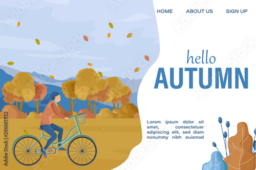 Hello Autumn woman on bicycle Vector flat style. Fall season lifestyle cyclin...
