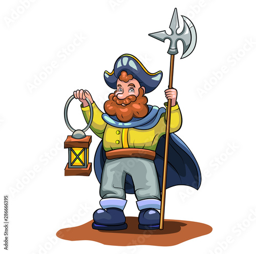 Night watchman vector drawing. Guard with a lantern and a halberd