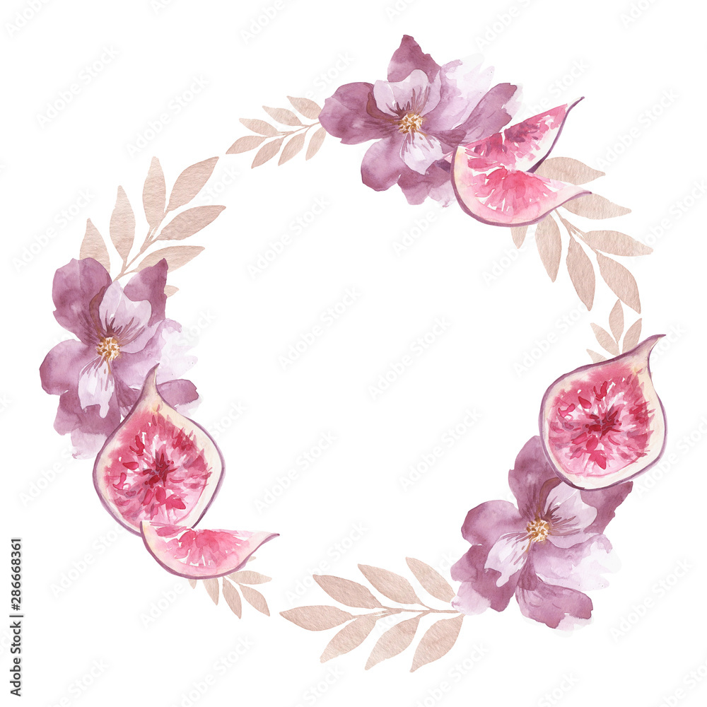 Watercolor round wreath with abstract flowers anf figs. Perfect for cards, wedding invitation, posters, save the date or greeting design. Summer flowers with space for your text.