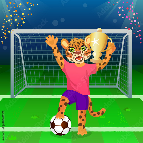 A jaguar in uniform standing on the ball and cheering with goblet on the soccer field
