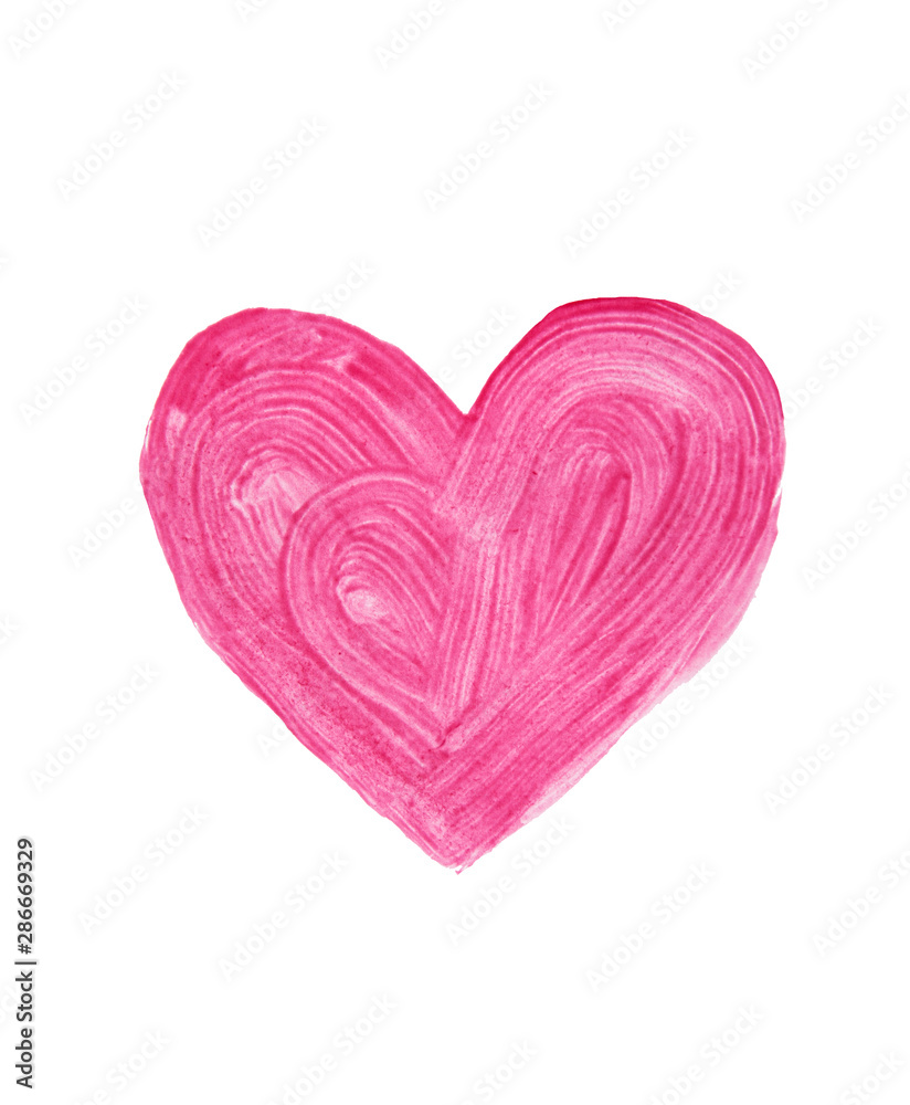 Pink vibrant heart shape watercolor painting, love sign isolated on white background