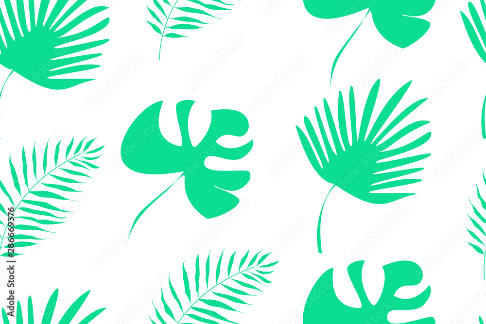 Vector set of tropical leaves. Seamless pattern of green leaves.