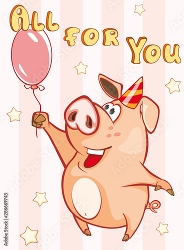 Happy Birthday Card Little Pig with with  Balloon. Vector Greeting Card. Happy Moment. Congratulation