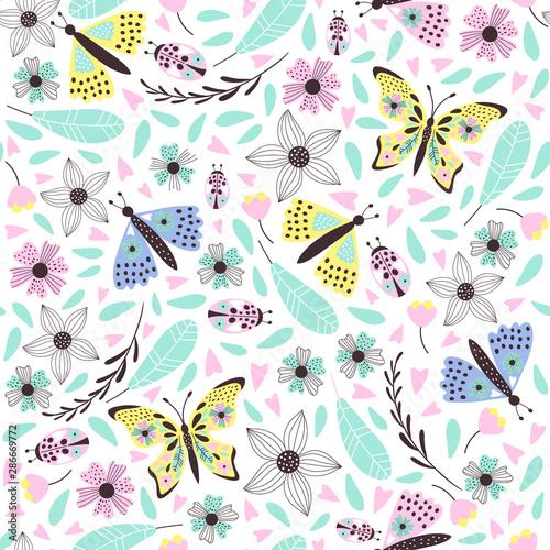 Cute butterfly pattern with flowers. Vector