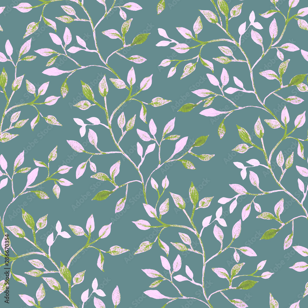 Green and pink foliage on branch, watercolor painting - hand drawn seamless pattern on blue background