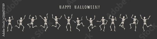 Banner of 13 dancing and jumping skeletons isolated on a black background. Happy Halloween. Vector illustration