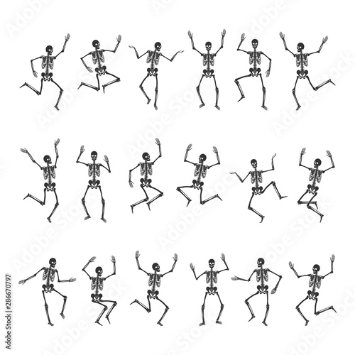 Set of 18 dancing, running and jumping black skeletons. Happy Halloween. Vector illustration is isolated on a white background