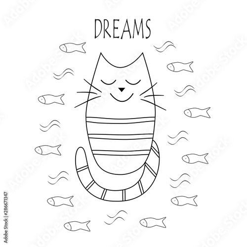 funny Cat dreams of fish. Vector outline cat and fish.