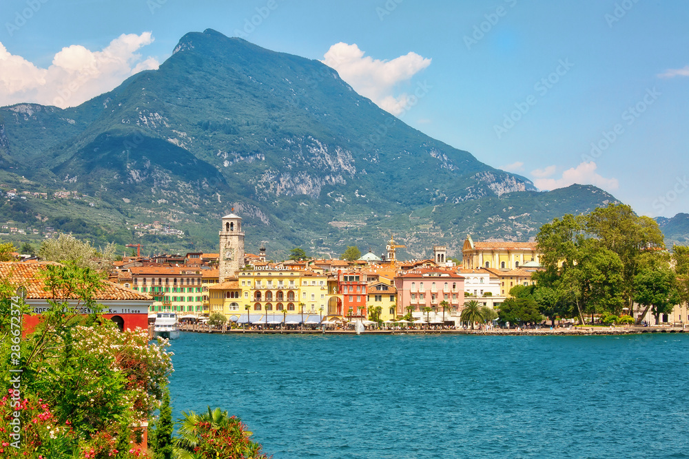 RIVA DEL GARDA, ITALY - July 17th, 2019: View to the central part of the town of Riva del Garda on Lake Garda in Nothern Italy