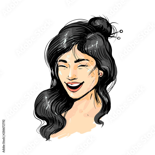 Asian woman portrait, smiling girl face , hand drawn vector illustration isolated on white